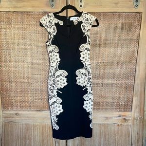 Fitted black cocktail dress with lace detail